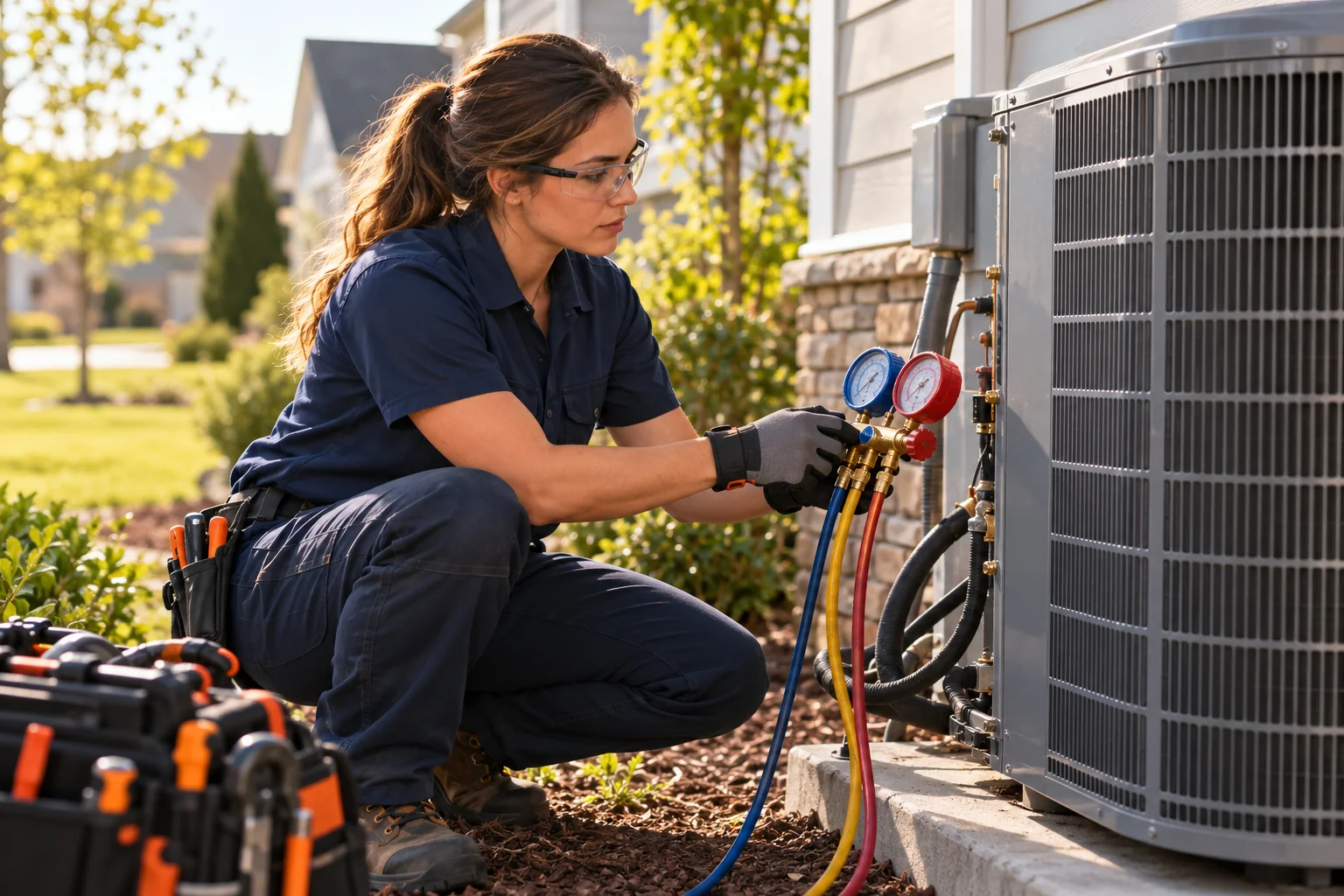 Illustrative HVAC technician checking an outdoor condenser with service gauges