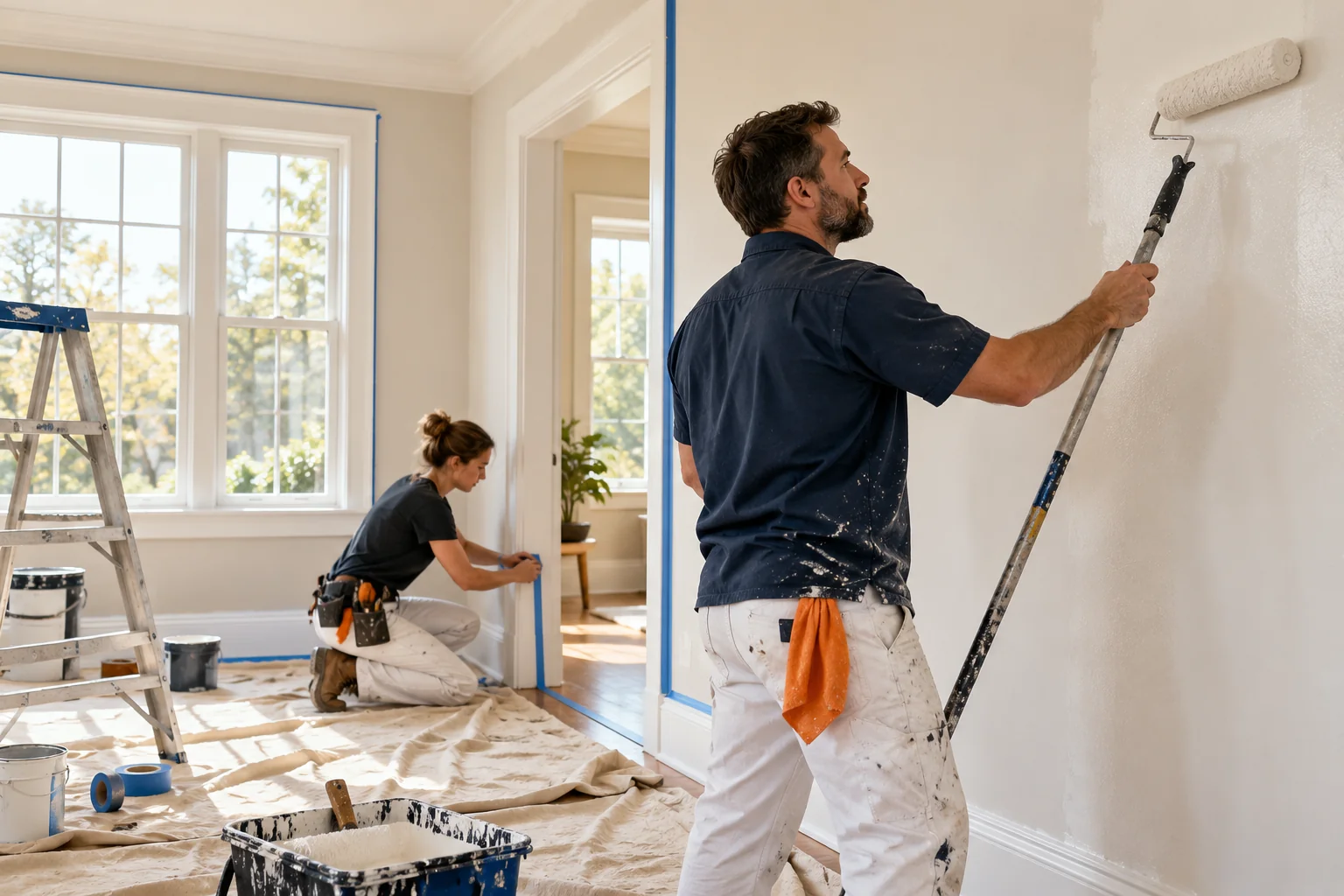 Illustrative painting contractors preparing and painting a residential room